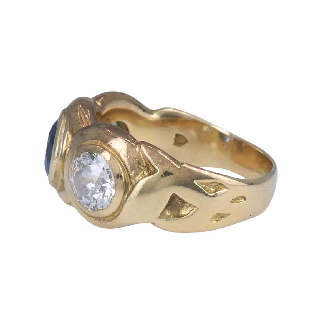 Antique 14k Gold Sapphire Old European Cut Diamond Three Stone Ring