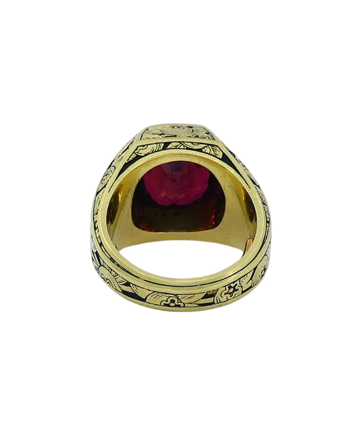 Garnet Ring Engraved 18k Gold Men Ring Cushion Cut