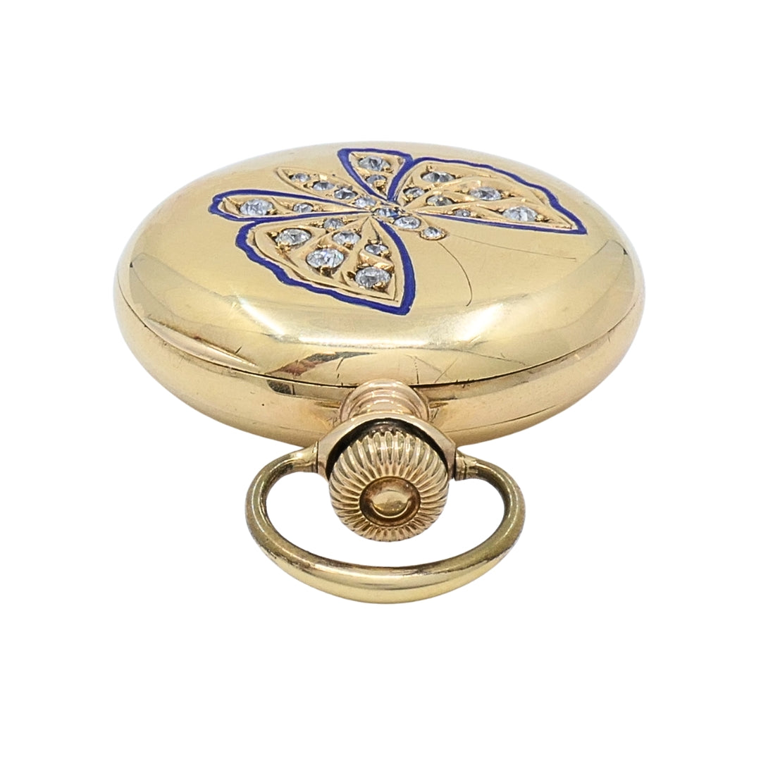 Antique Elgin 14K Gold Keystone Hunter Case Pocket Watch Diamond Butterfly
