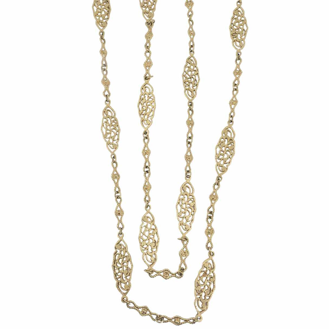 Vintage 14K Gold Openwork Filigree Marquise Long Chain Necklace