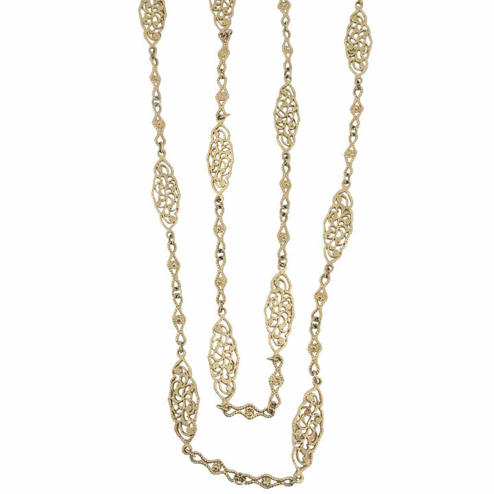Vintage 14K Gold Openwork Filigree Marquise Long Chain Necklace