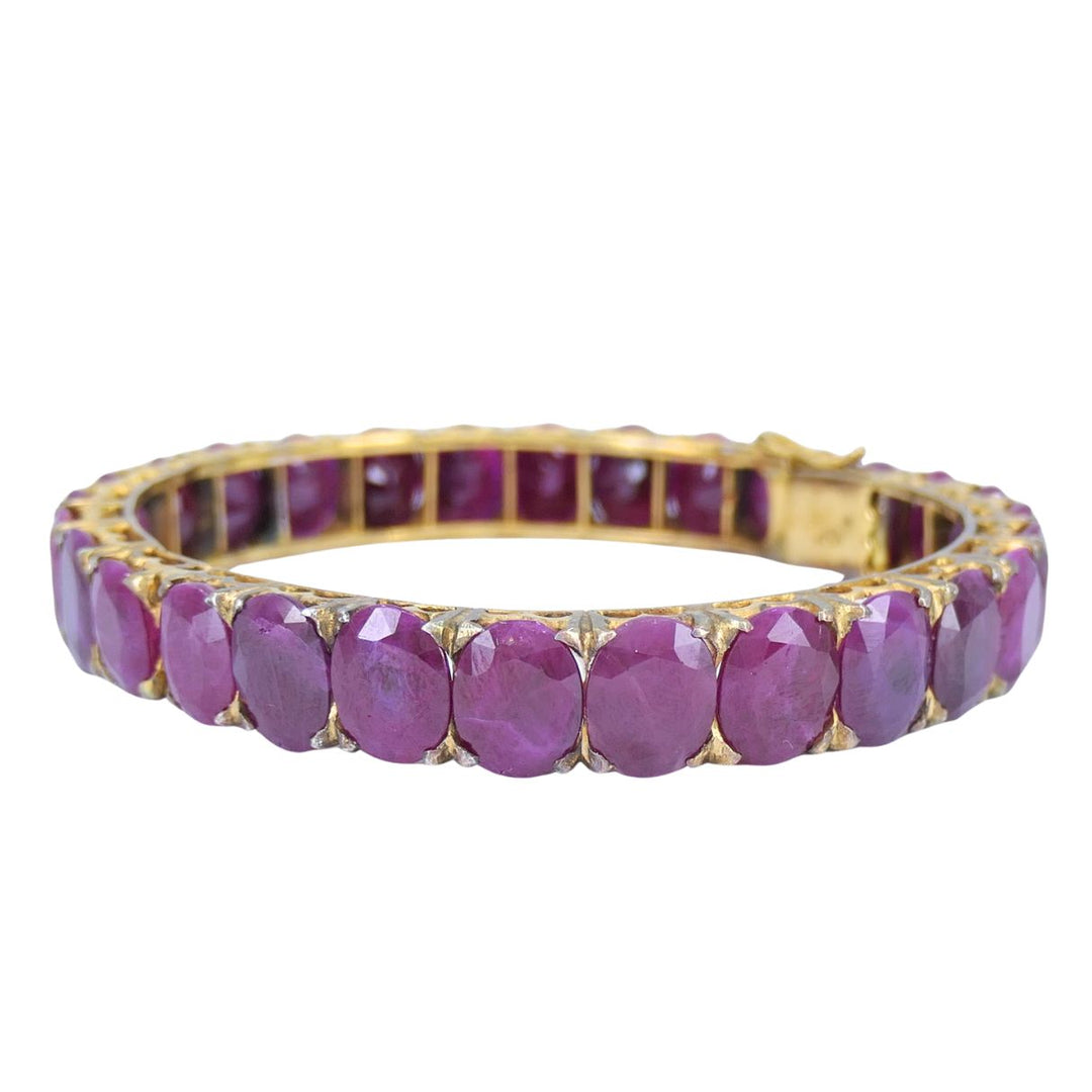 Vintage 18k Gold Ruby Hinged Bangle Bracelet Mid 20th century
