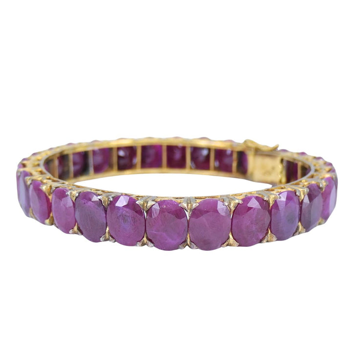 Vintage 18k Gold Ruby Hinged Bangle Bracelet Mid 20th century