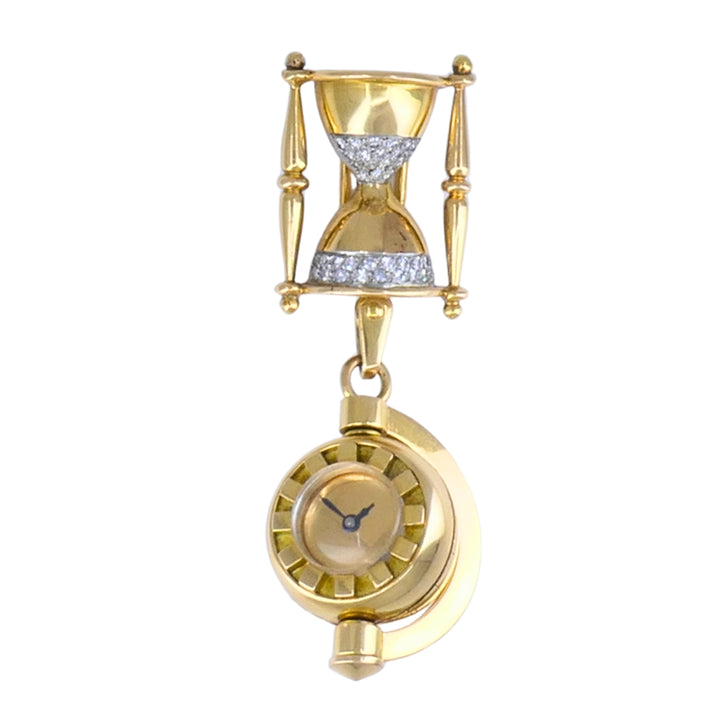Vintage French Lapel Watch Pin Clip 18k Gold Diamonds