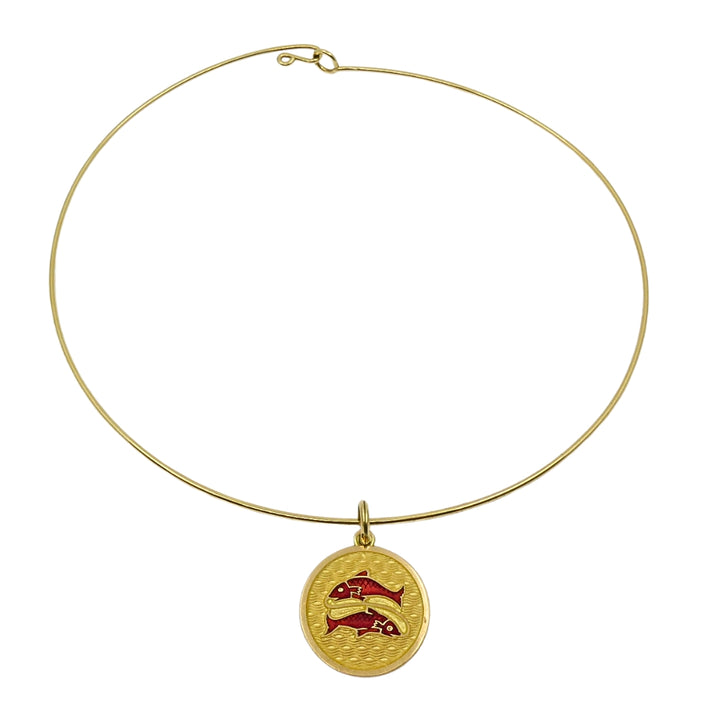 Vintage 18k Gold Red Enamel Necklace Pisces Pendant Zodiac Medallion