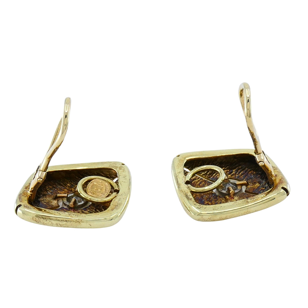 Vintage 14k Gold Diamond Earrings Square Cushion Design Clip-On