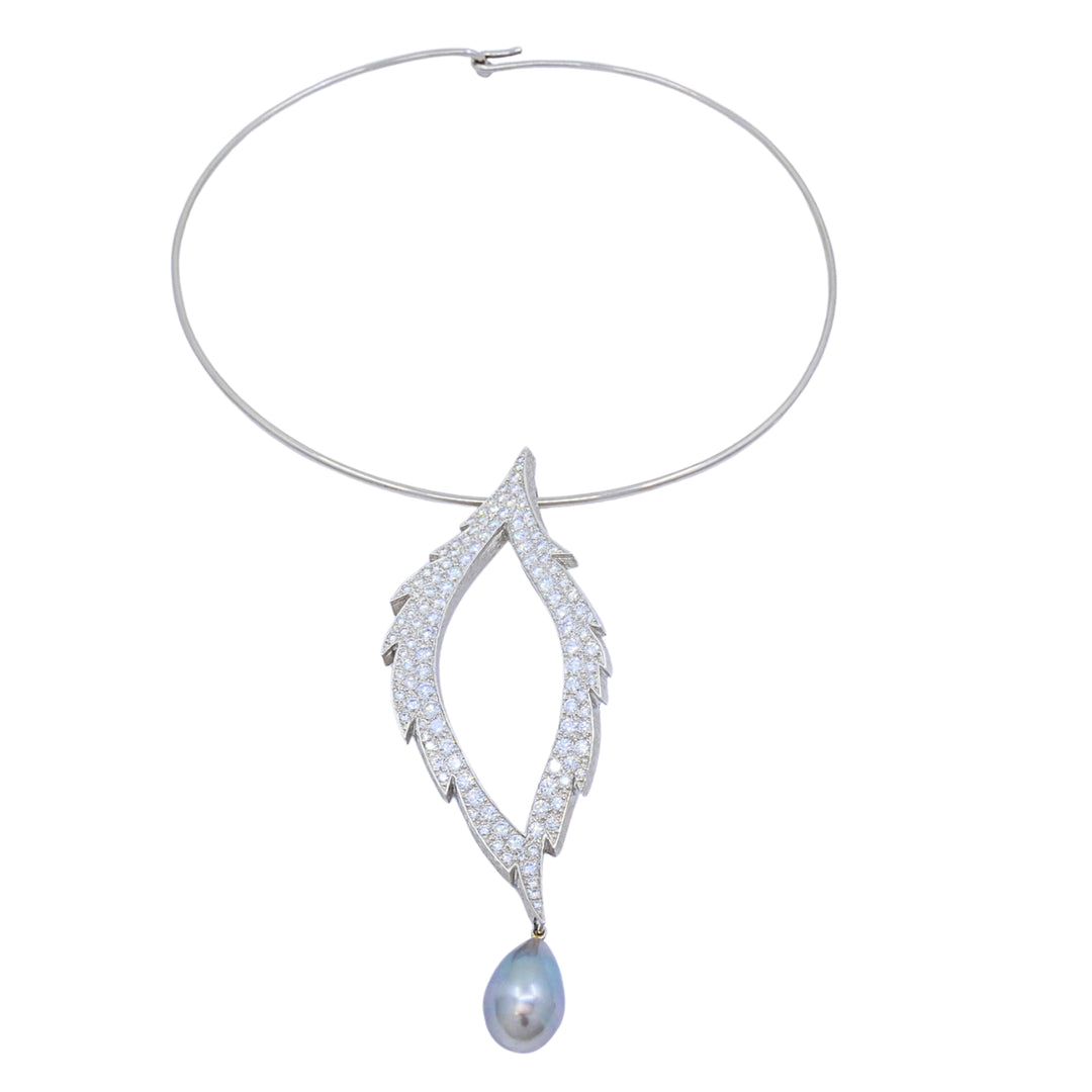 Grima 18k White Gold Diamond Tahitian Pearl Convertible Necklace Brooch