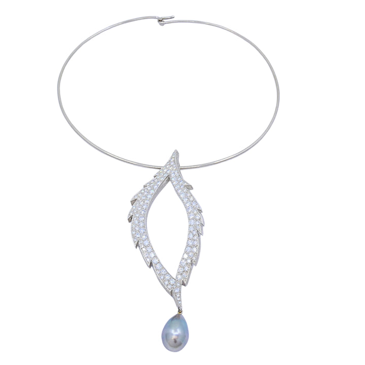 Grima 18k White Gold Diamond Tahitian Pearl Convertible Necklace Brooch