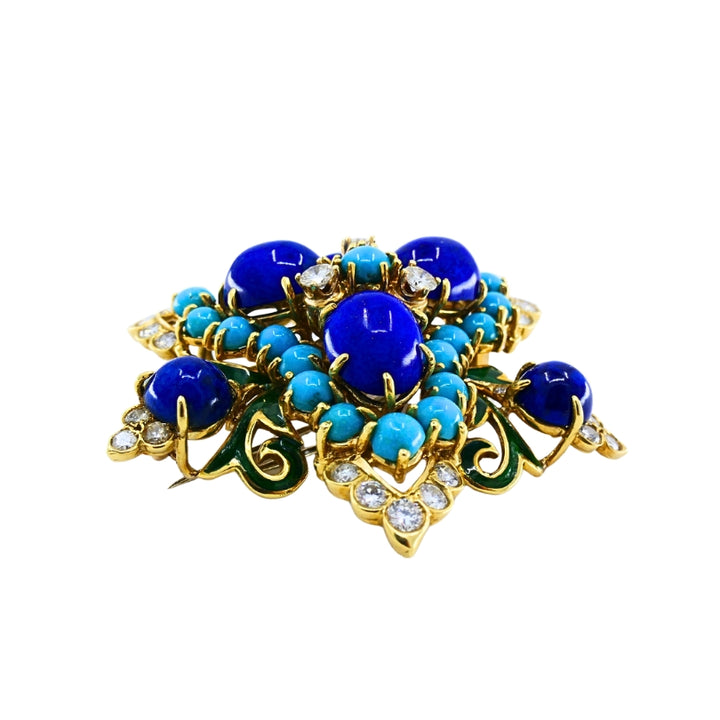 Vintage 14k Gold Lapis Lazuli Turquoise Diamond Brooch & Earrings Set