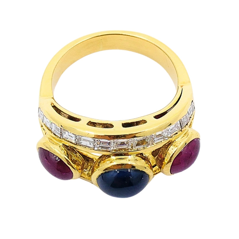 Vintage 18k Gold Ring Cabochon Ruby Sapphire Diamond