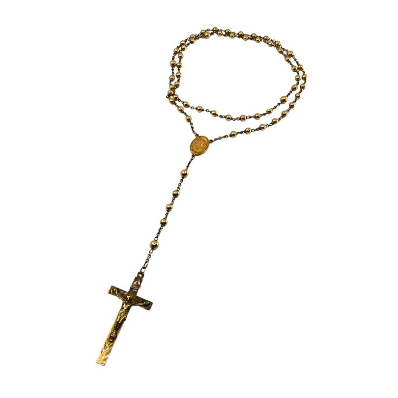 Vintage 10k Gold Beaded Rosary Necklace Medallion & Crucifix