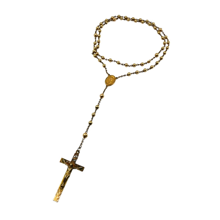 Vintage 10k Gold Beaded Rosary Necklace Medallion & Crucifix