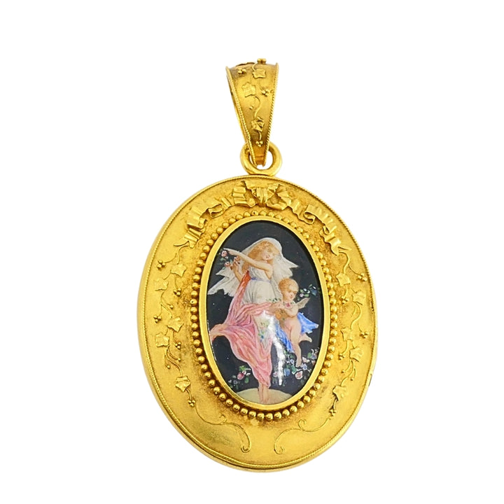 Victorian 18k Gold Locket Pendant Necklace Enamel Miniature