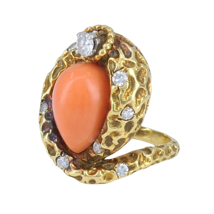 Vintage French 18k Gold Diamond Coral Cobra Snake Ring