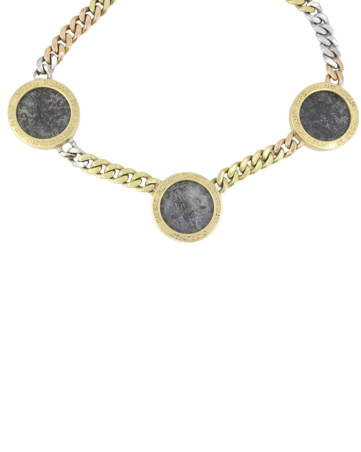 Bvlgari Bulgari Monete Coin Necklace 18k Tri Color Gold Chain Necklace Three Ancient Coins