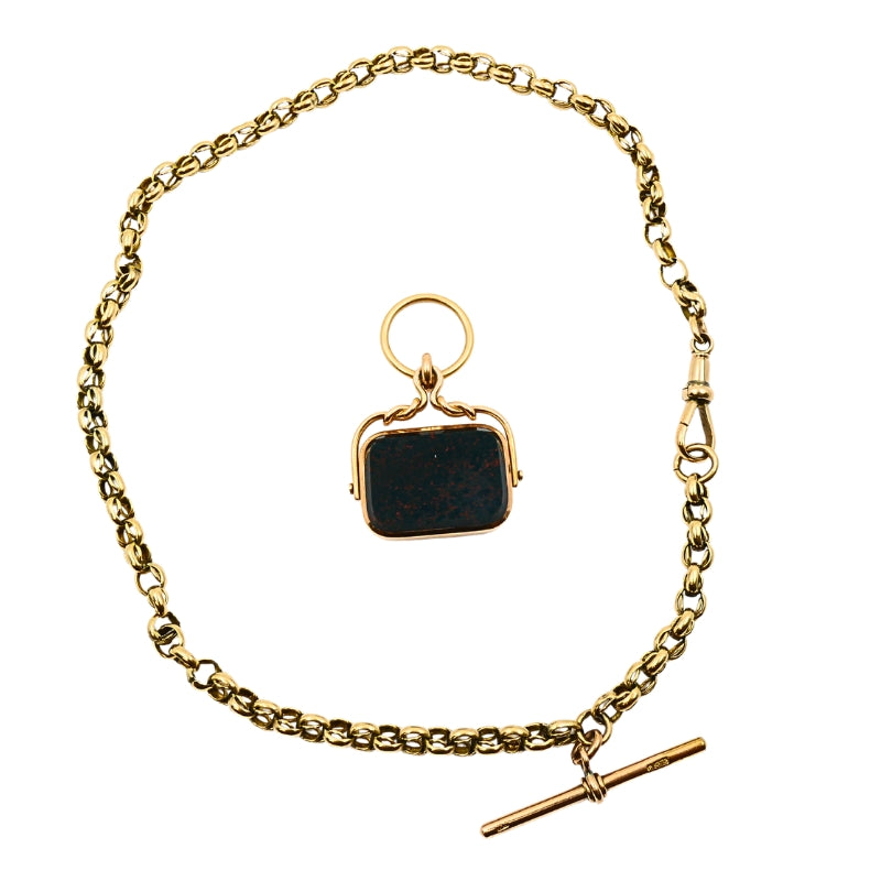Antique 9k Gold Albert Chain Necklace Bloodstone Agate Pendant