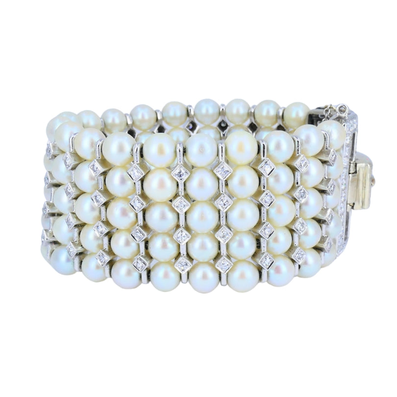 Vintage 1950s 14k White Gold Pearl and Diamond Bracelet Estate Jewelry