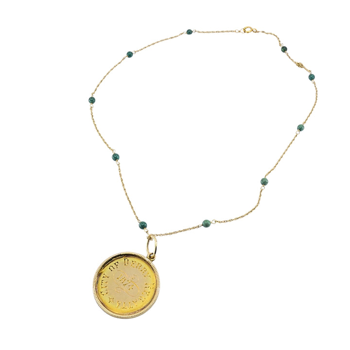 Victorian 14k Gold 1874 Engraved Coin Pendant Necklace