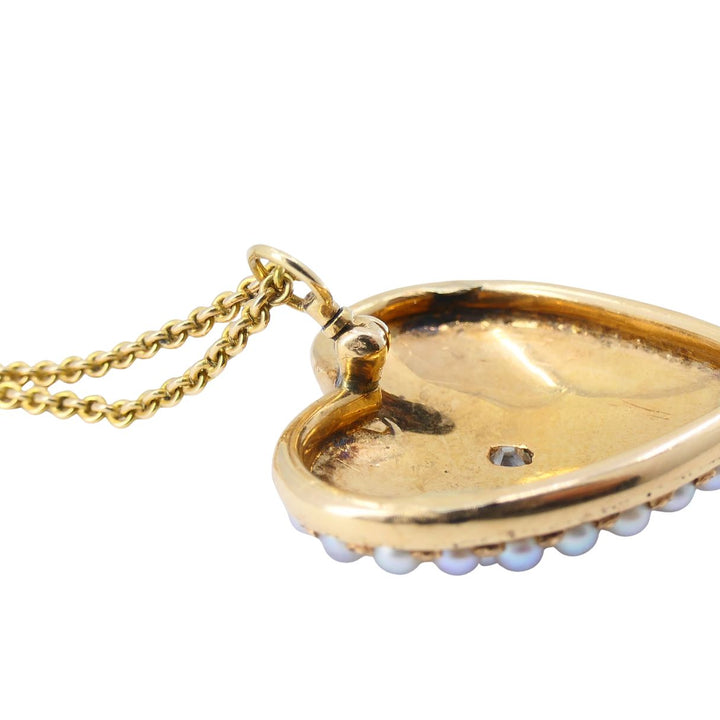 Vintage 14k Gold Diamond Pearl Heart Pendant Necklace