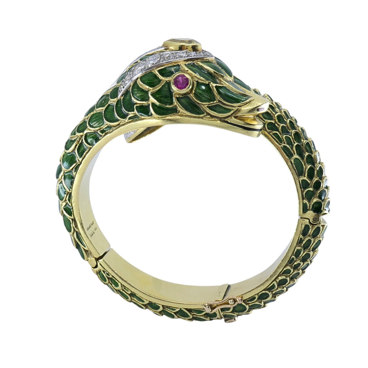 Vintage 18k Gold Platinum Snake Bangle Bracelet Diamond Yellow Sapphire Ruby