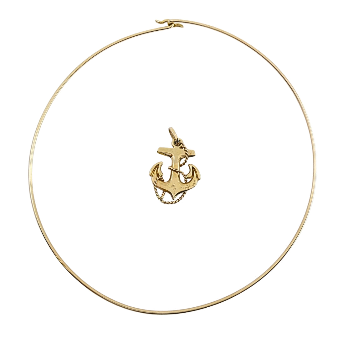 14k Gold Anchor Pendant 14k Wire Choker Necklace
