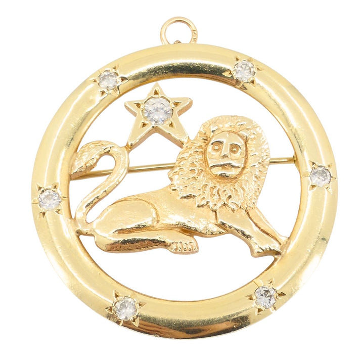 Vintage 14k Gold Diamond Leo Astrological Zodiac Pendant Pin