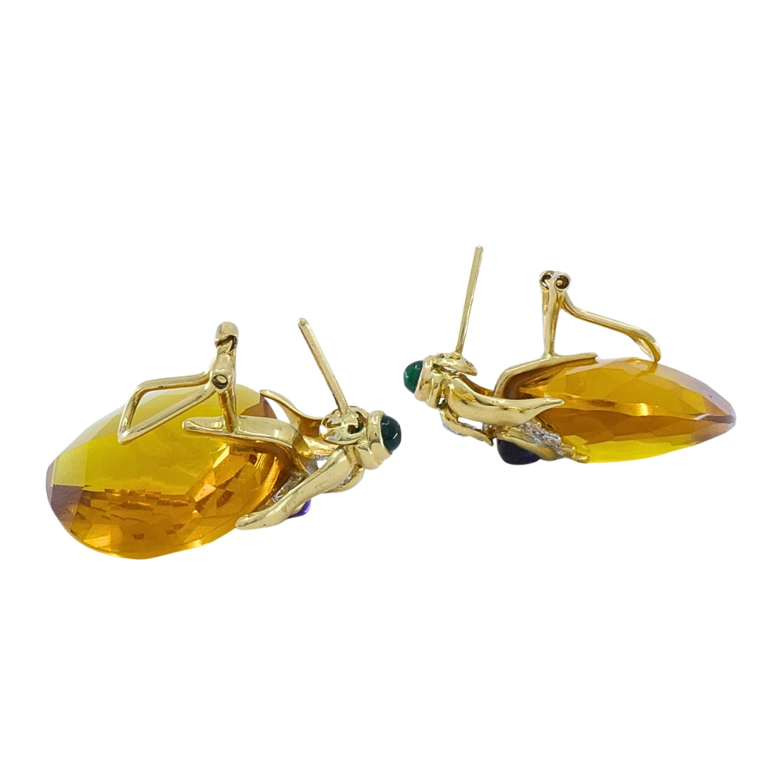 Vintage 18k Gold Citrine Heart Multi-Gemstone Earrings