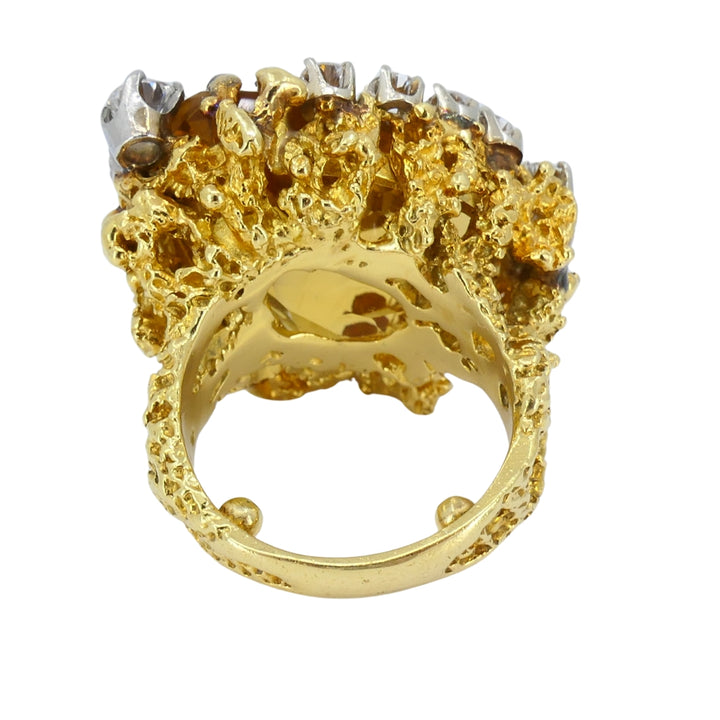Vintage 18k Gold Citrine Diamond Ring Brutalist Design