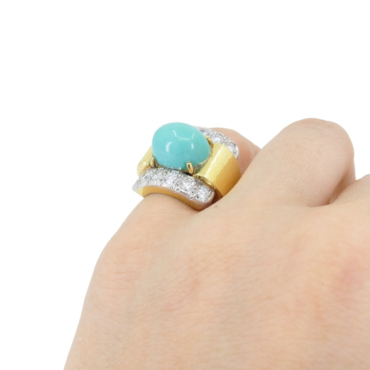 Vintage David Webb 18k Gold Diamond Turquoise Cocktail Ring