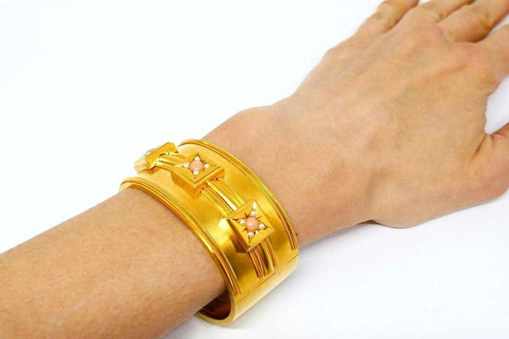 Victorian Coral Yellow Gold Bangle Bracelet