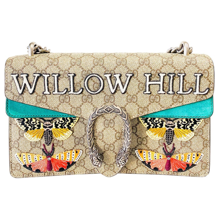 GUCCI Willow Hill Dionysus Beige GG Canvas Green Suede Embroidered Shoulder Bag