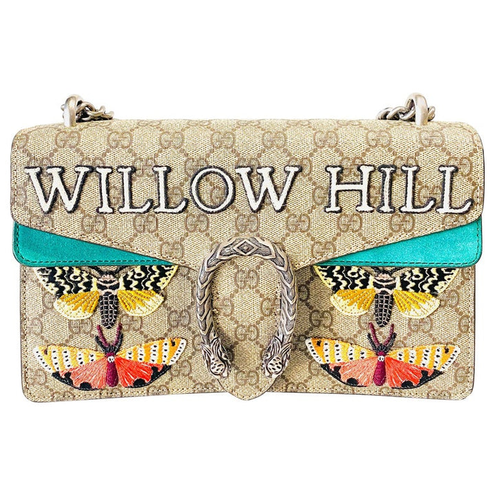 GUCCI Willow Hill Dionysus Beige GG Canvas Green Suede Embroidered Shoulder Bag