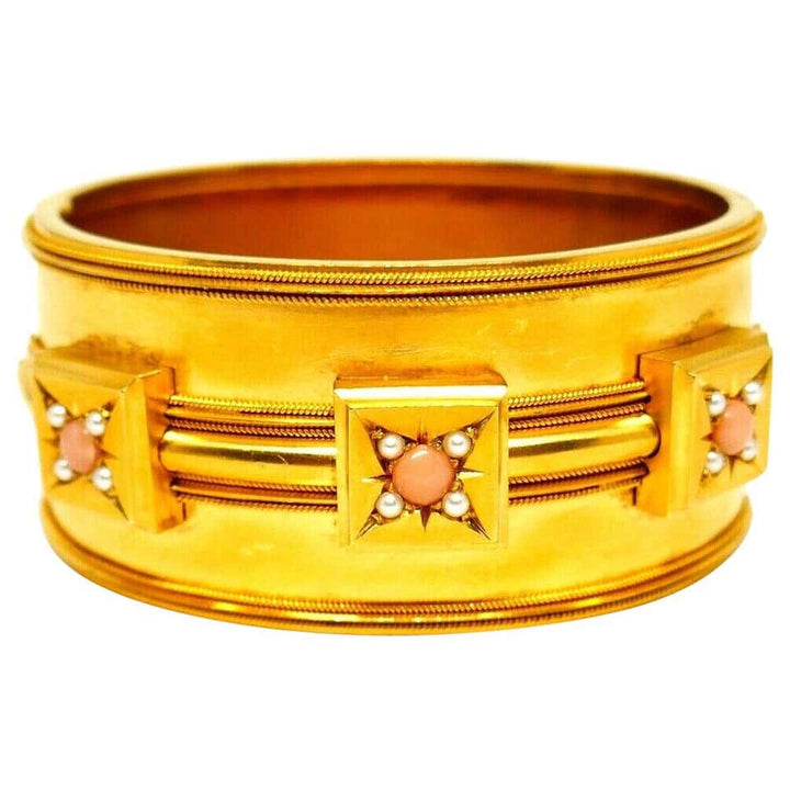 Victorian Coral Yellow Gold Bangle Bracelet