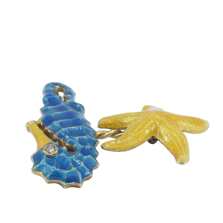 Vintage LOZ 18k Gold Enamel Turtle Seahorse Starfish Shell Cufflinks