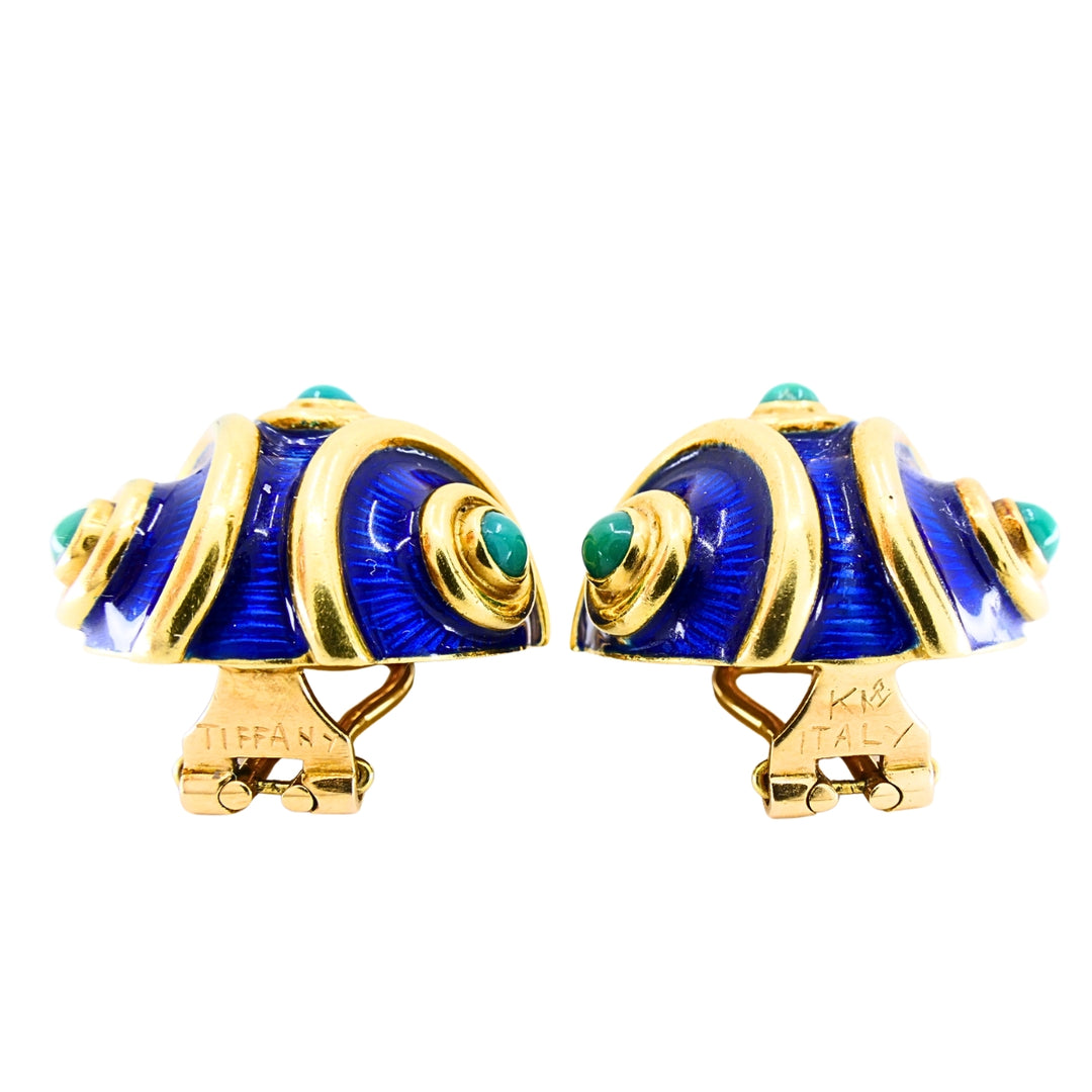 Vintage Tiffany & Co. 18k Gold Blue Enamel Turquoise Clip-On Earrings