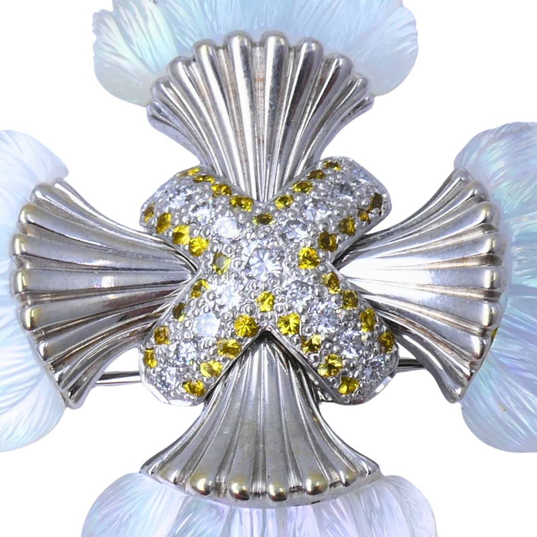 Seaman Schepps 18k Gold Diamond Maltese Cross Brooch Carved Rock Crystal Sapphire
