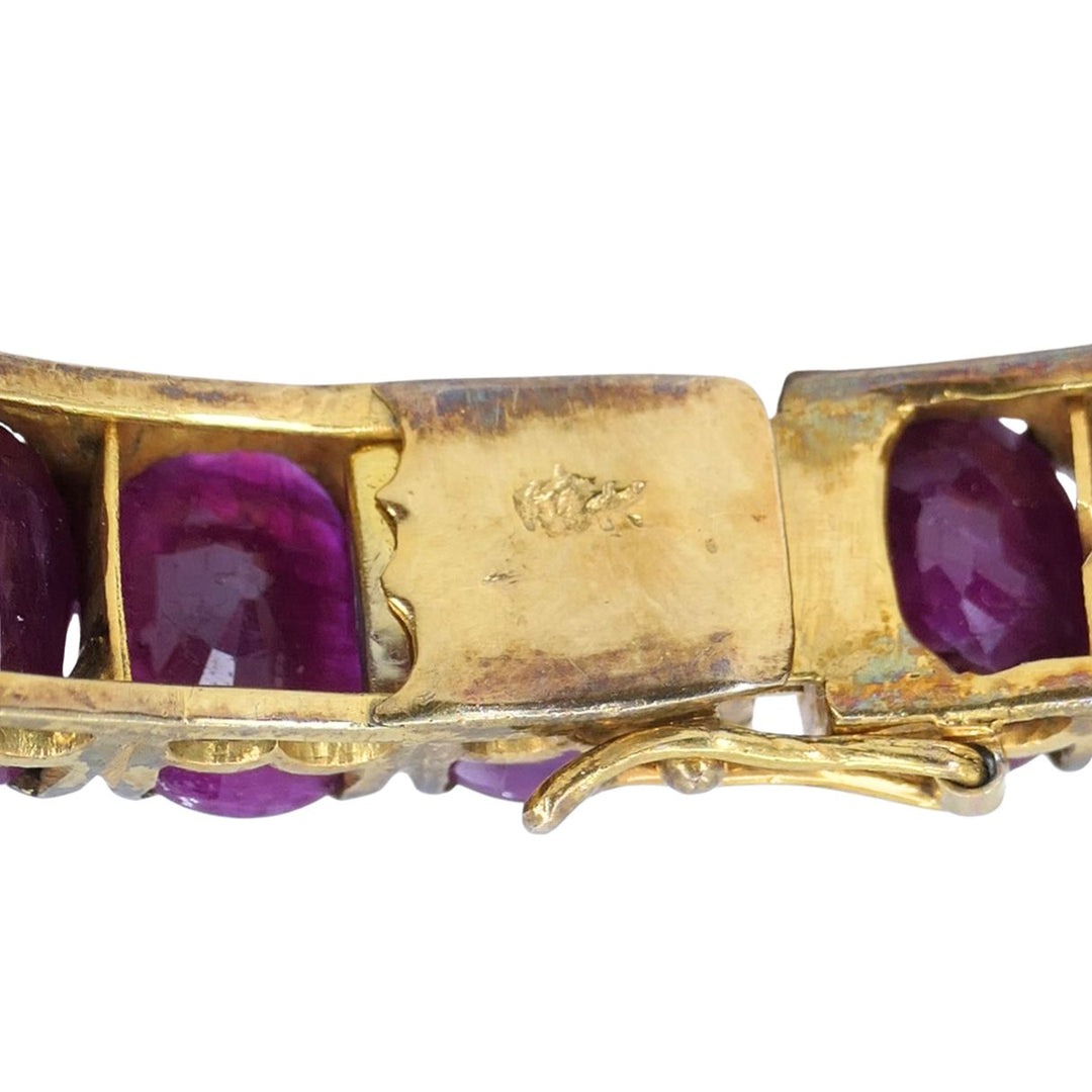 Vintage 18k Gold Ruby Hinged Bangle Bracelet Mid 20th century