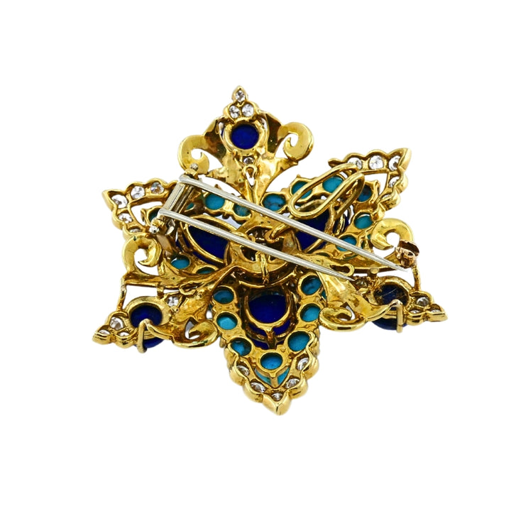 Vintage 14k Gold Lapis Lazuli Turquoise Diamond Brooch & Earrings Set