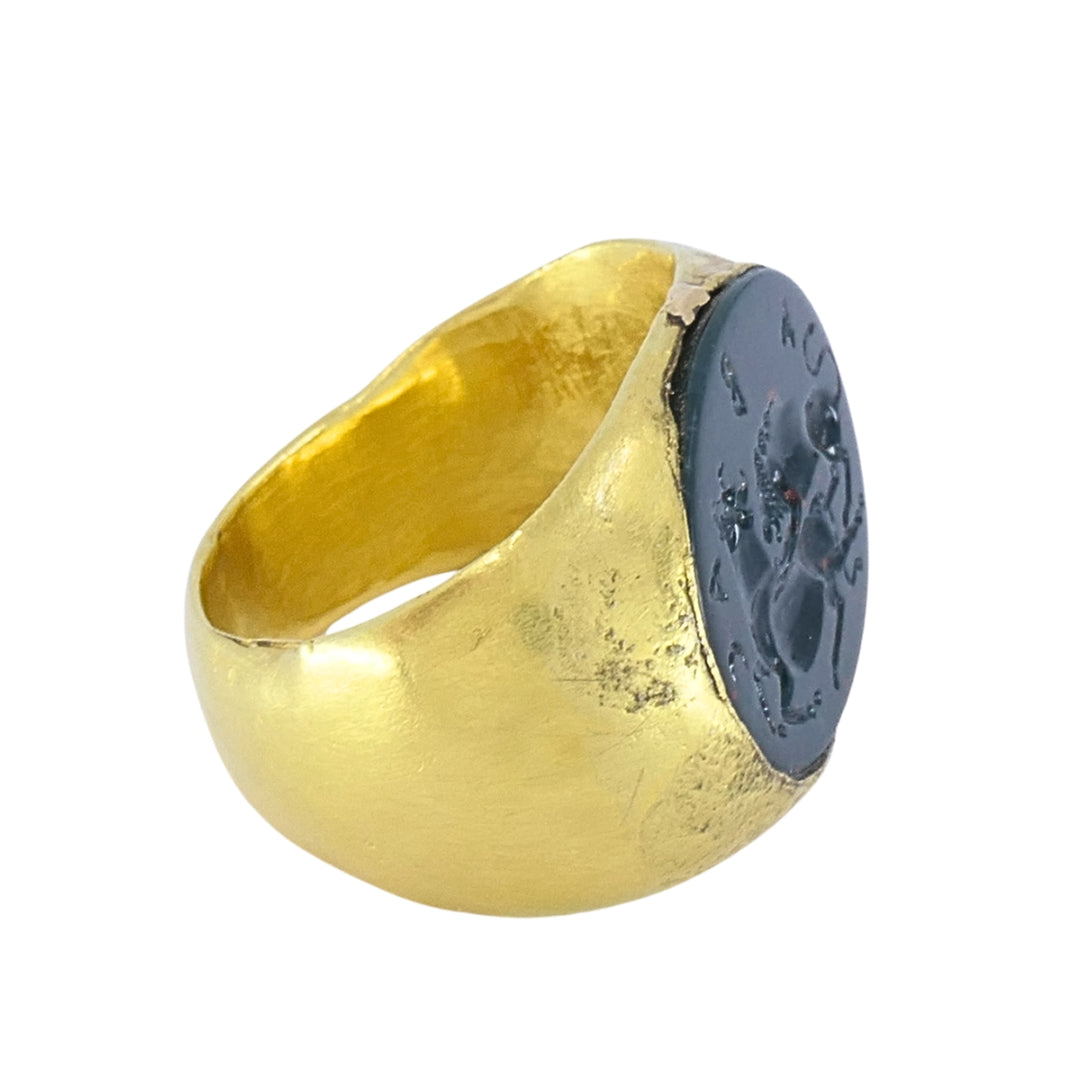 22k Gold Oval Intaglio Lion Bull Signet Ring Greek & Roman Inspired Design