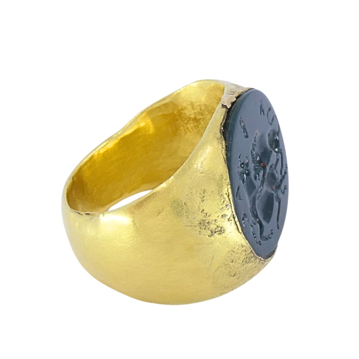 22k Gold Oval Intaglio Lion Bull Signet Ring Greek & Roman Inspired Design