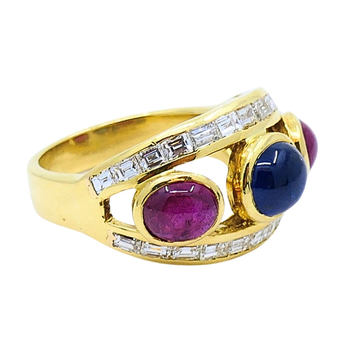 Vintage 18k Gold Ring Cabochon Ruby Sapphire Diamond