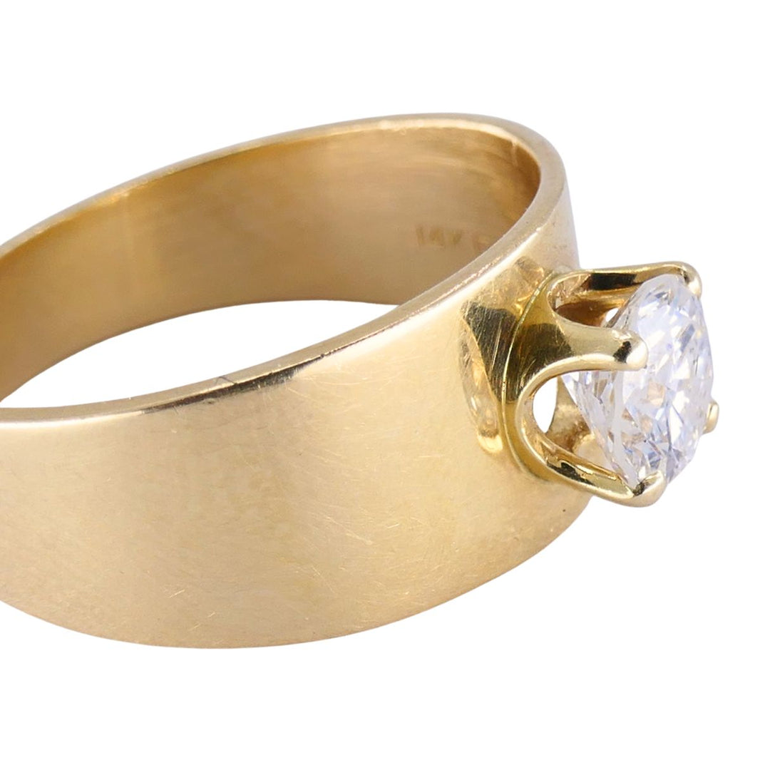 Vintage 1970s 14k Yellow Gold Round Brilliant Solitaire Diamond Wide Band Ring