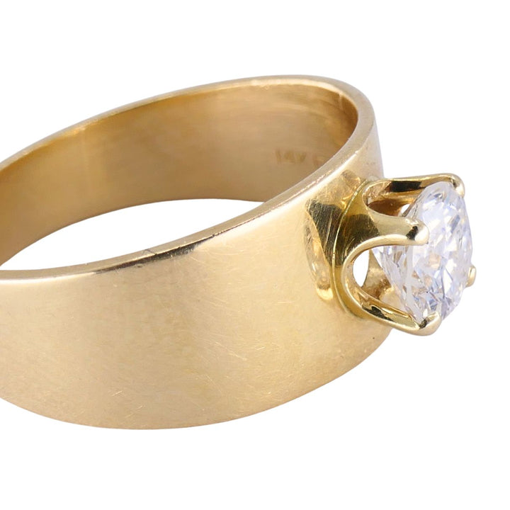 Vintage 1970s 14k Yellow Gold Round Brilliant Solitaire Diamond Wide Band Ring