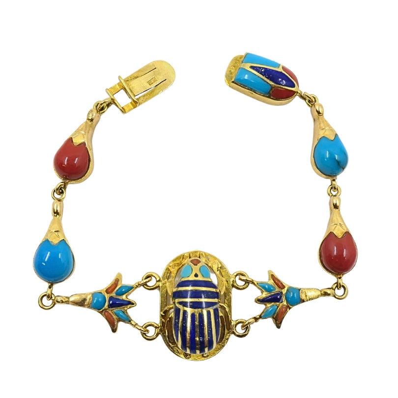 21k Gold Egyptian Revival Scarab Turquoise Coral Enamel Bracelet