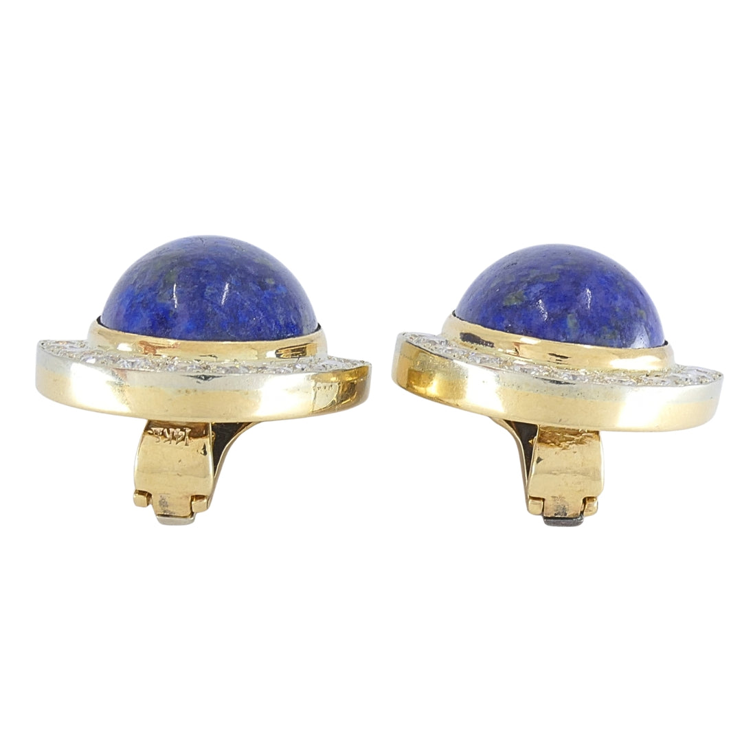 Sterlé Paris 14K Gold Lapis Lazuli Diamond Clip-On Earrings, circa 1960s - 1970s