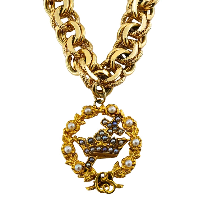 Victorian 14k Gold  Link Bracelet  Enamel Pearl & Engraved Charms