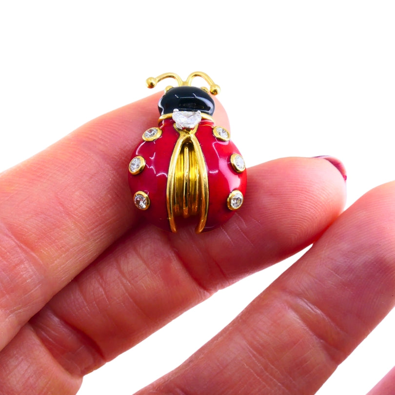 Vintage 1950s Oscar Heyman Ladybug Pin 18k gold Diamond Enamel