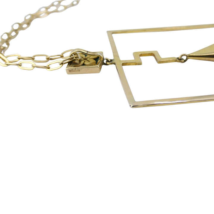 Modernist 10k Gold Malachite Pendant 14k Chain Necklace