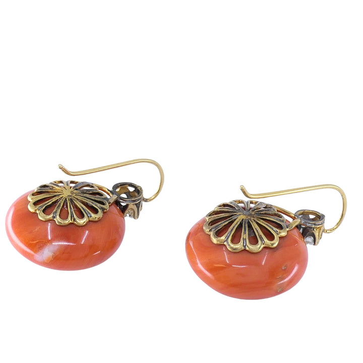 Antique Victorian 14k Gold Coral Diamond Drop Earrings, 1890 - 1900