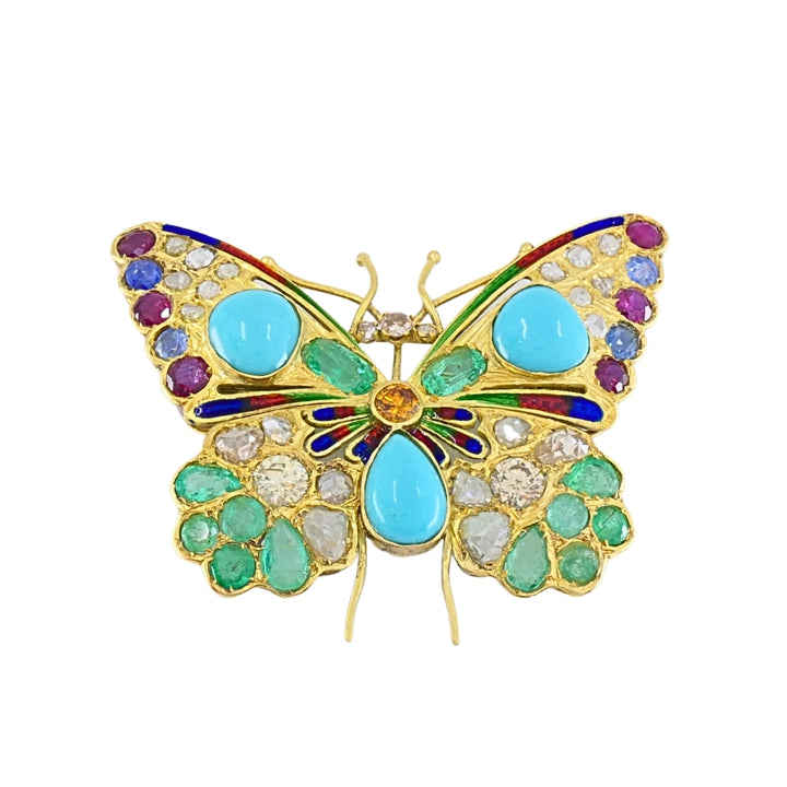 Vintage 18k Gold Multigem Butterfly Brooch Statement Insect Jewelry